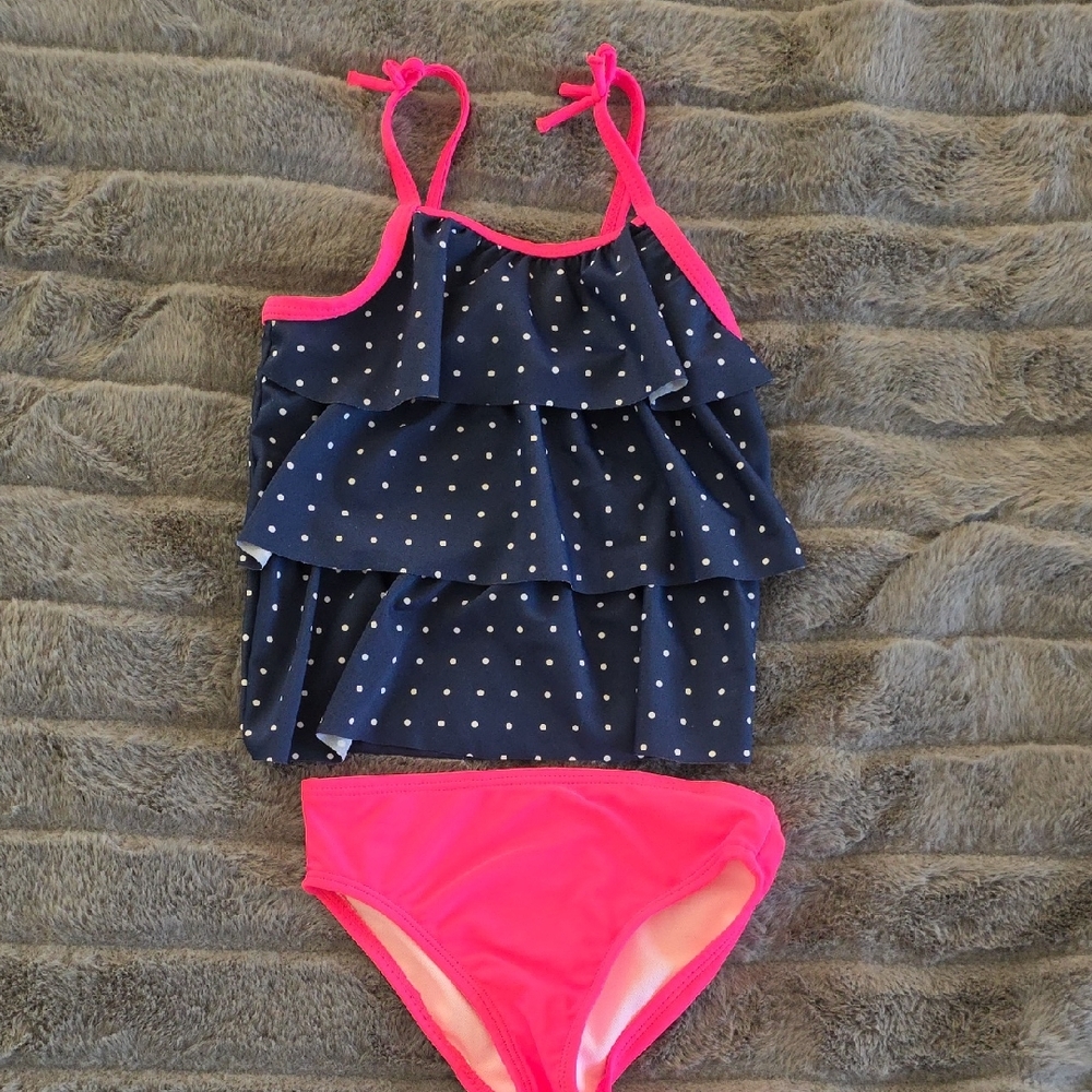 OshKosh 3T Navy Polka Dot Ruffled Tankini with Pink Trim NWOT
